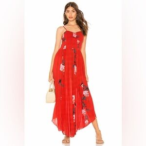 Free People Beau Smocked Printed Slip Dress Red Floral Maxi Boho Small